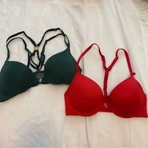 Victoria's Secret & PINK 32C Bra Bundle Front Closure Strappy Back Red & Green